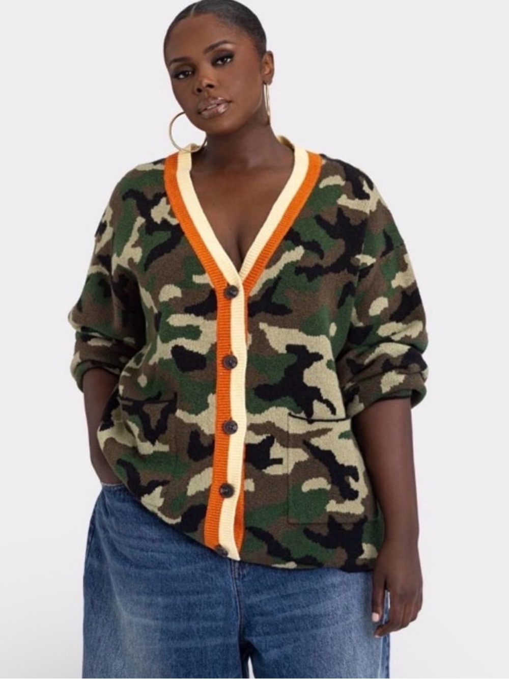 Camo V-Neck Button Cardigan with Orange Trim